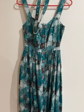 Collectif Teal Tropical Print Midi Dress
